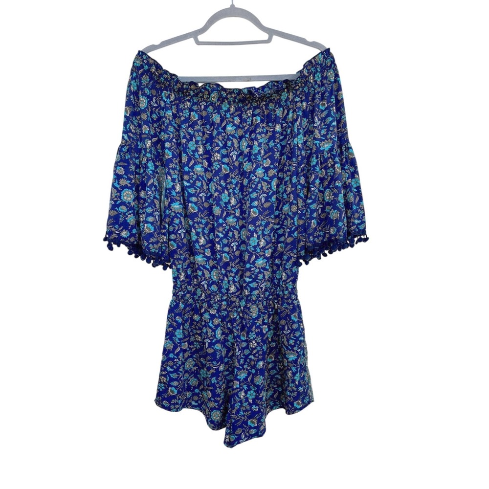 Raga Blue Floral Off Shoulder Bell Sleeve Pom Pom‎ Romper XS